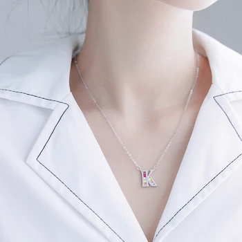 

925 Sterling Silver Colorful Rianbow Alphabet Rhinestone Letter Necklace Female Initial Kpop Luxary Chain Unique Design Custom