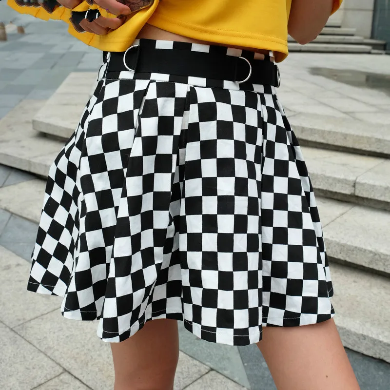 

Mini Skirt Korean Women Pleated Checkerboard High Waisted Lace-up Sexy Skirt Female Harajuku Dancing Sweat Short Lady Skirt