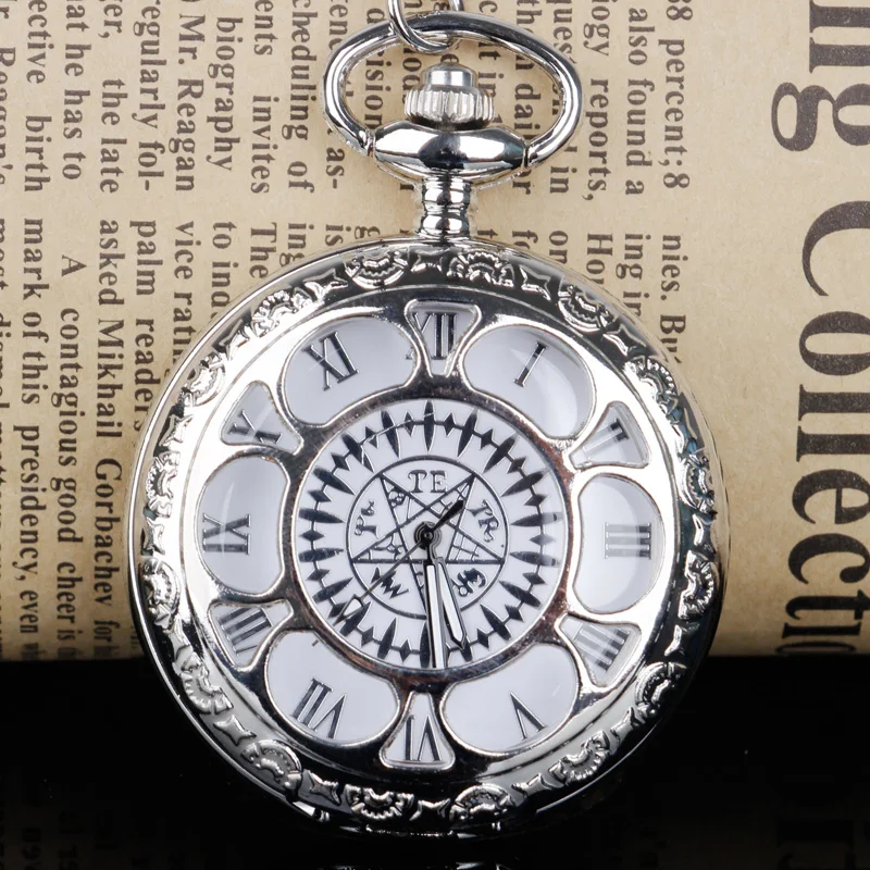 

Silver Hollow Roman Numerals Quartz Pocket Watch Necklace Luxury Watch Clock Men and Women Pendant Accessories Fob