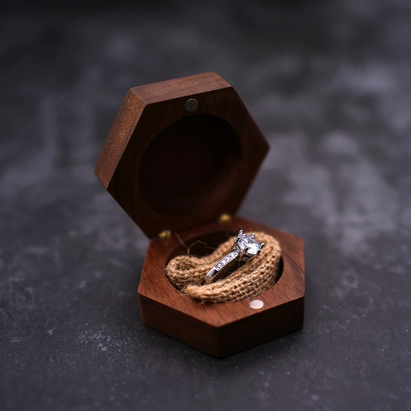 

Real Wood Ring Box Mini Trinket Packaging for Wedding Engagement Jewelry Gift Custom Engraving Logo