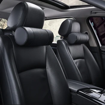 

2pc Memory Foam Car Neck Pillow/Genuine Leather Auto Cervical Round Roll Office Chair Bolster Headrest Supports Cushion Pad