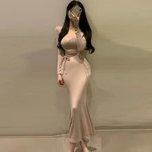 

Elegant O-neck Single-breasted Women Sexy Ruched Sweater Dress 2022 Spring Autumn Knitted Belted Female A-line soft dresses