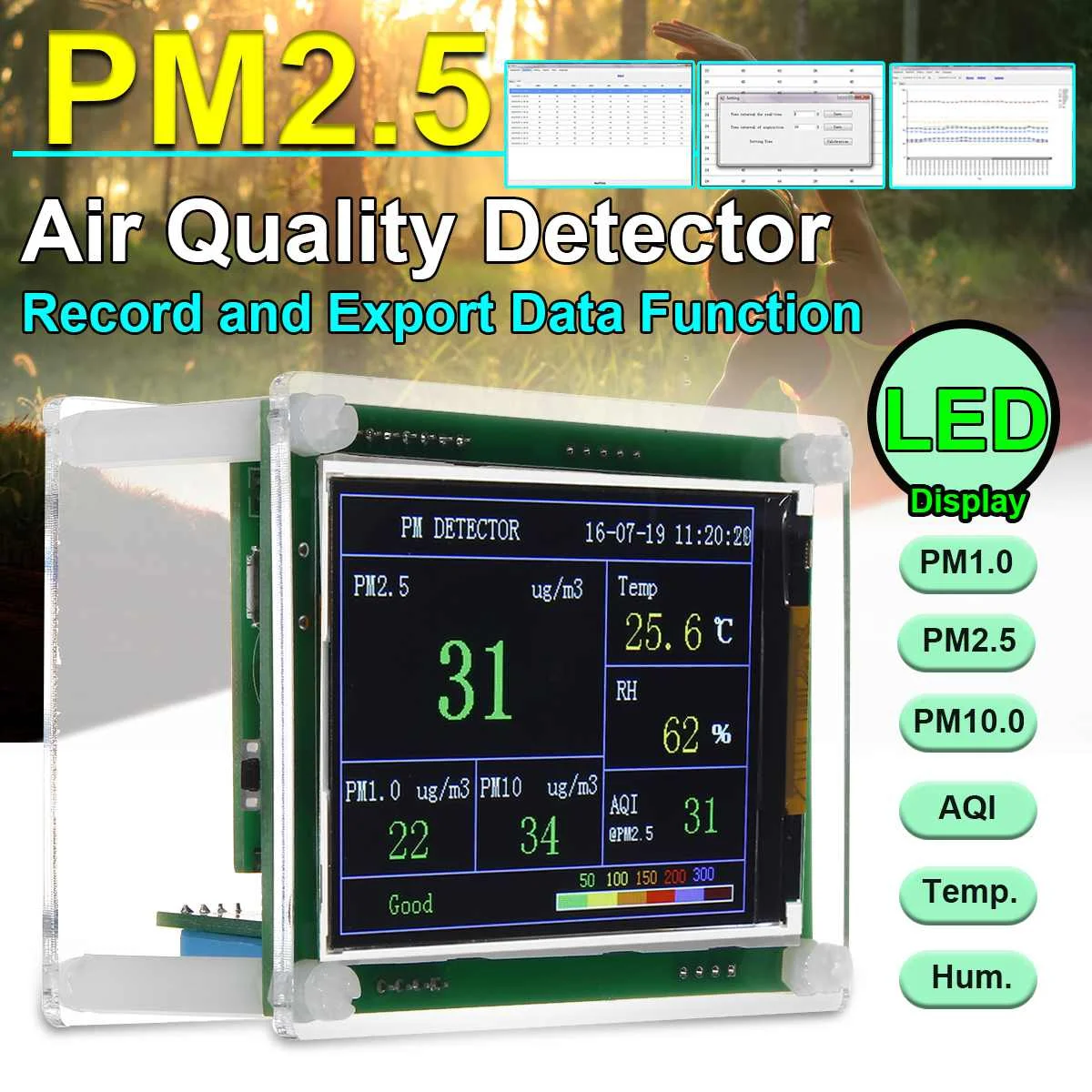 

Air Quality Tester PM2.5 Detector Household Office Car Dust Monitor 2.8" TFT LED Display Multipurpose Gas Analyzer 85x37x65mm