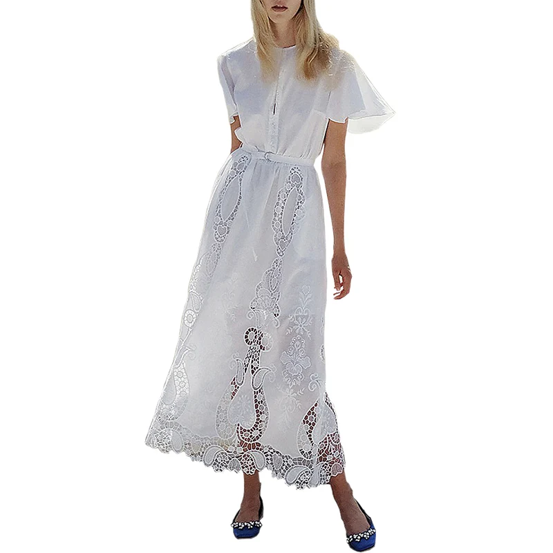 

ladies wear party women fall clothing long white dress retro patterns hollow out vintage dress o-neck belted fall dresses