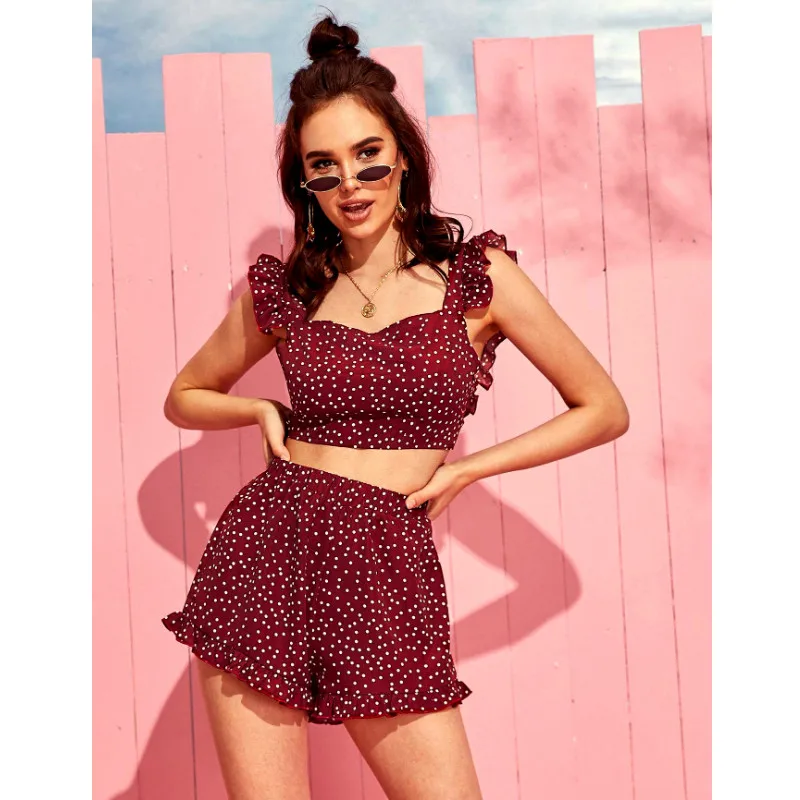 Женские Клубные топы без рукавов Boho, облегающий ремешок оборки в горошек, летняя пляжная повседневная одежда, красные Стильные топы, повседневные