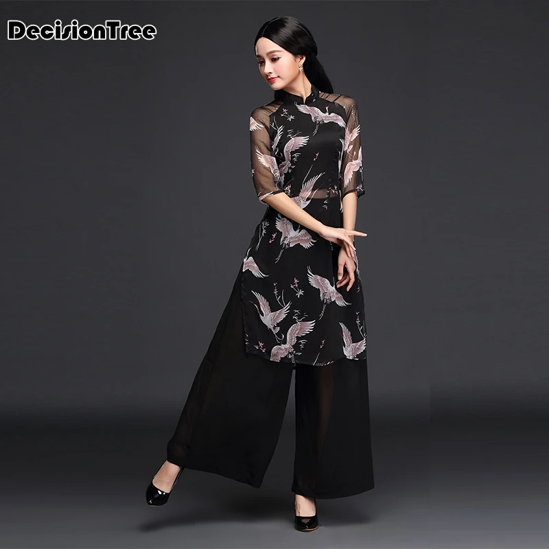 Черная женская шифоновая одежда с цветочным принтом ao dai вьетнамская одежда ao dai вьетнамские халаты и брюки вьетнамские костюмы Улучшенный чонсам