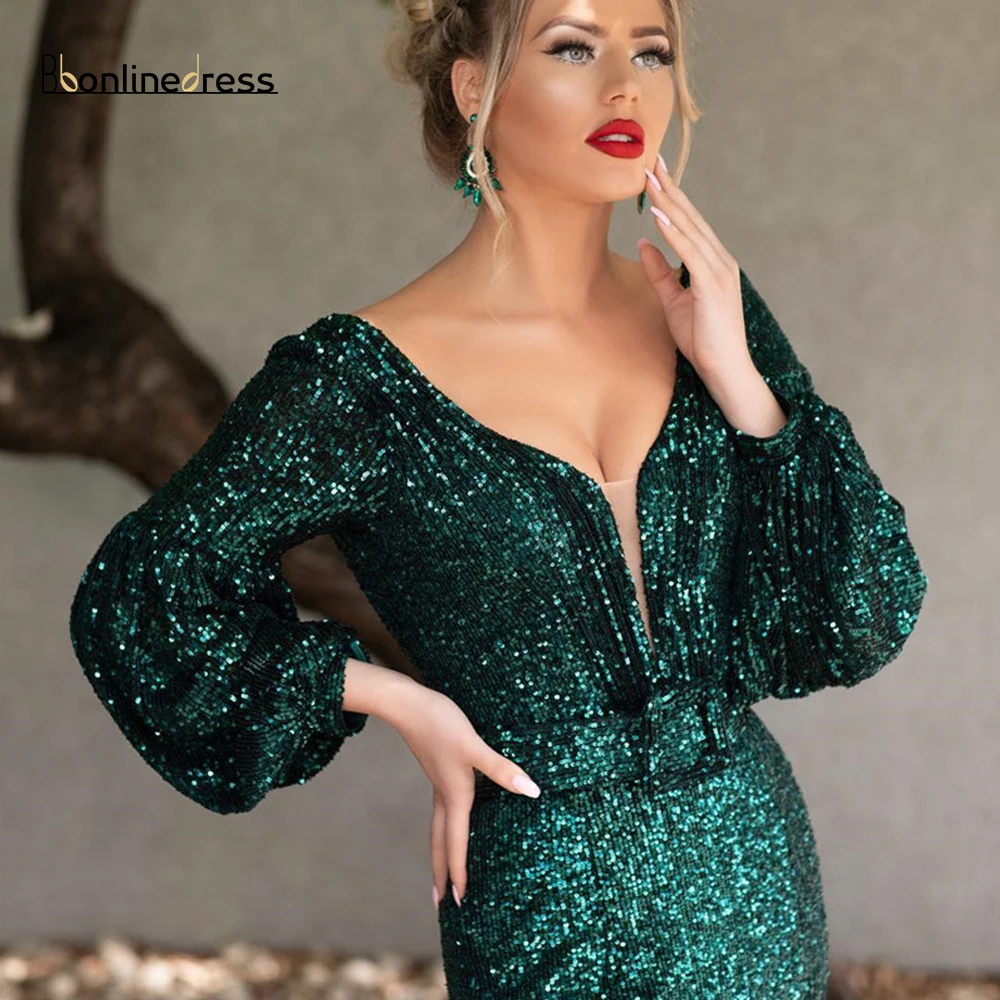 Bbonlinedress темно-зеленое вечернее платье с длинным рукавом v-образным вырезом Длинные вечерние платья с открытой спиной длина до пола официальное платье robe-de-soiree