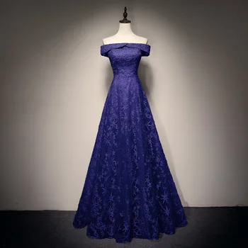 

Noble Women Evening Party Dress Sexy Off Shoulder Maxi Dress Novelty Stage Show Costumes Navy Blue Star Korea Style Qipao