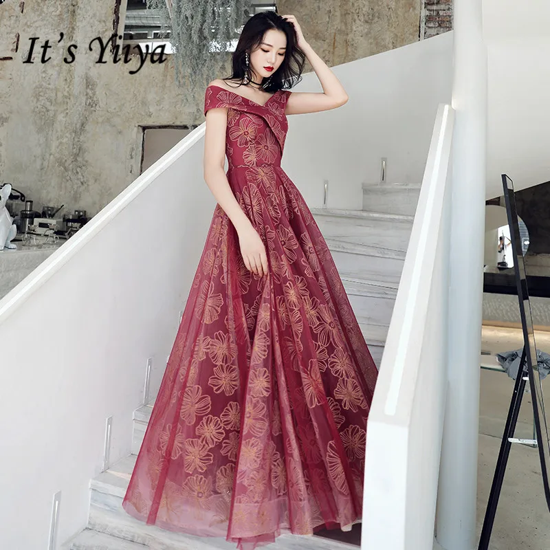 

It's Yiiya Evening Dress Elegant Floral Print Evening Dresses Off Shoulder Long Formal Gowns 2020 Plus Size robe de soiree LF120