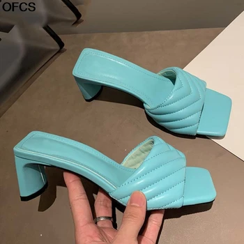 

2020 Summer Womens Slippers Sandals PU Leather Square Toe Women Sandals High Quality Solid Low Heel Party Dress Shoes For Women