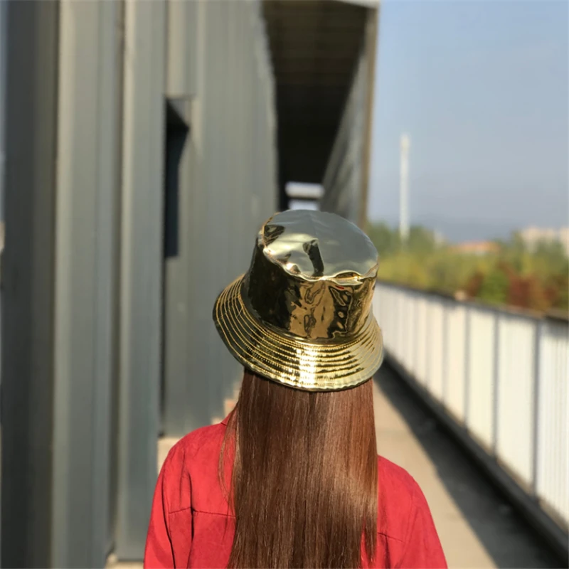Водонепроницаемая шляпа из лакированной кожи, Золотая, серебряная, рыбацкая шляпа для мужчин и женщин, двухсторонняя черная и белая складная шляпа от солнца для улицы