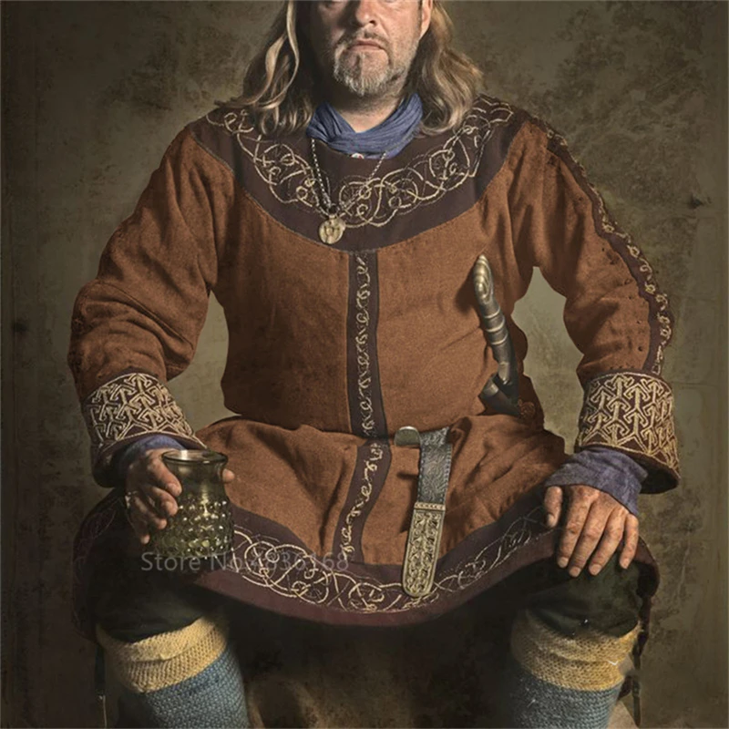 Рыцарь средневековый костюм мужчины воин костюм Виктории Туника навигатор Викинг пират плюс Косплей Хэллоуин Арчер карнавальные Вечерние - Цвет: Brown