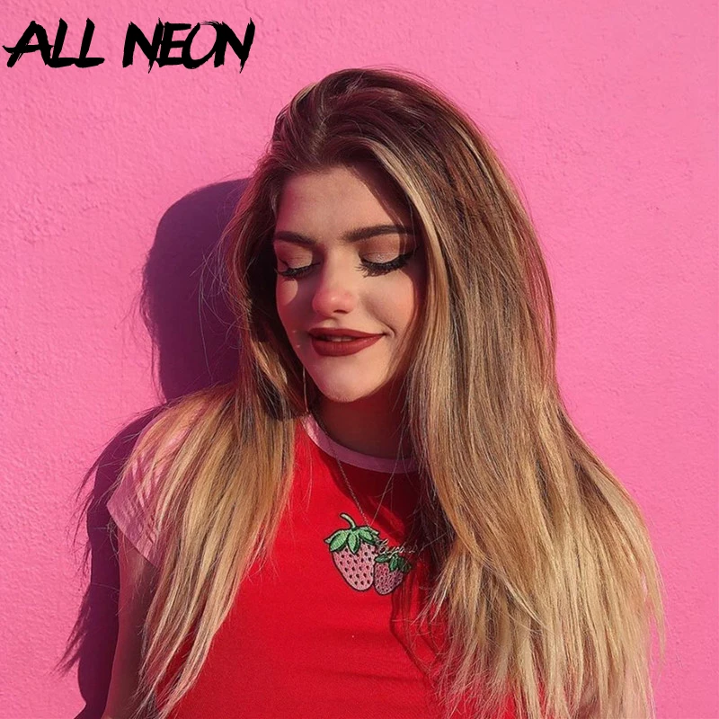 ALLNeon Sweet Strawberry Embroidery Front Crop Tops E-girl O-neck Short Sleeve Patchwork Red T-shirts Fashion Summer Kawaii Tees