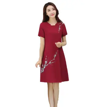 

Summer Women Dress Elegant Loose Casual Short Sleeved O Neck Printed Dress Plus Size M-3XL