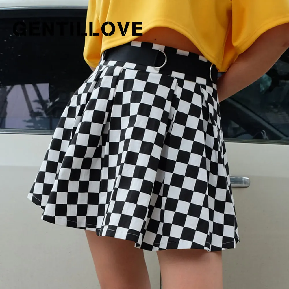 Pleated-Skirt Short Dancing Korean Club High-Waist-Belt Plaid Women Outwear Casual