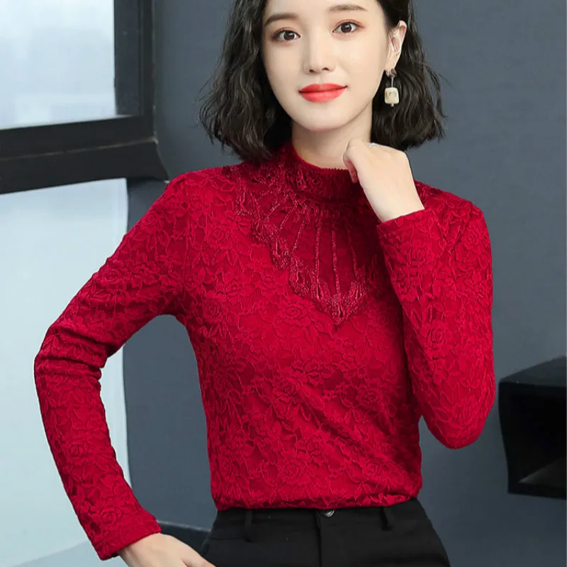 

2019 Elegant Feminine High Neck Lace Bottom Blouse & Shirt Women Long Sleeve Tops Warm Shirt Plus Size 4XL