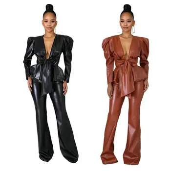 

Two Piece Set Women Long Sleeve V Neck Moda Feminina Bandage PU Leather Trouser Suit Clothes Women 2 Piece Set