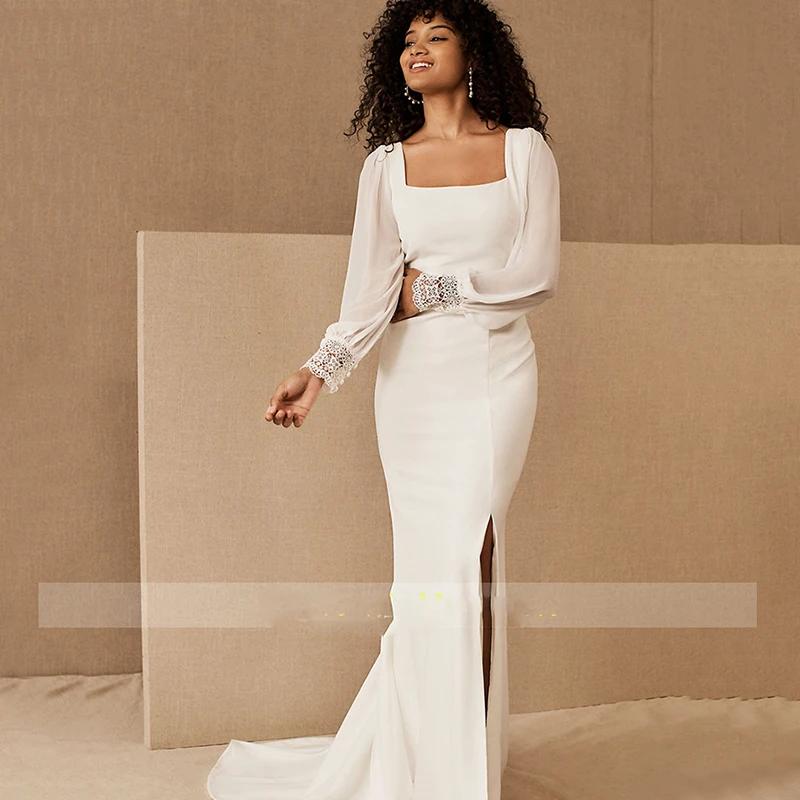 Side Slit Wedding Gown Long Sleeve Sweep Train  2024 New Robe De  Square Collar Fashion Sheath Cap Vestido De Novia Floor Length square collar long sleeve simple wedding dresses backless mermaid floor length satin bridal gown robe de soirée de mariage