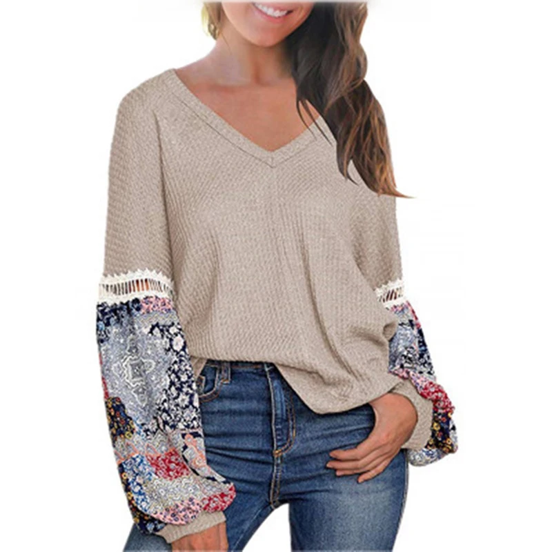 LOOZYKIT Autumn Winter Shirts Patchwork Women Long Sleeve Bohemian Knit Yoga Shirts Casual O Neck High Low Ladies Loose Tops