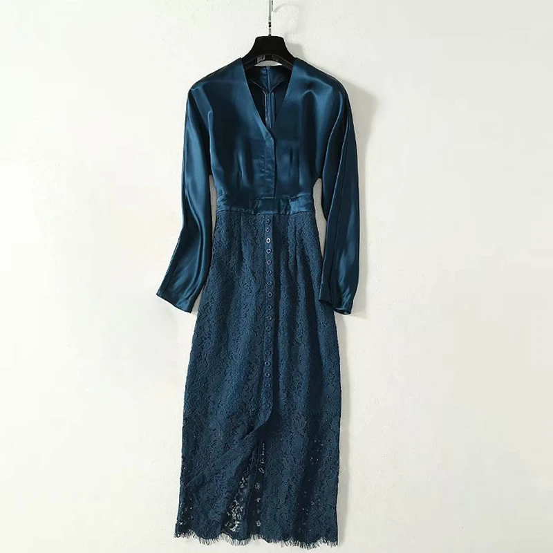 

HIGH QUALITY Newest Fashion 2020 Runway Dress Women's Long Sleeve v-neck Lace Patchwork Buttons Dress