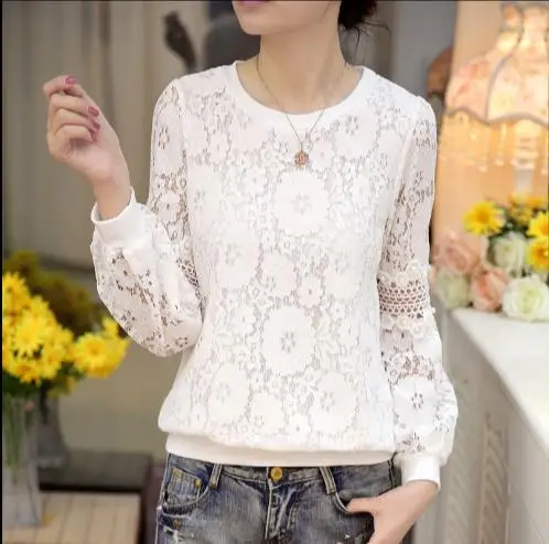 Весна Blusa бисером кружева Топы Блузка с кружевом Harajuku выдалбливают длинный рукав шифон женская рубашка одежда RQ422