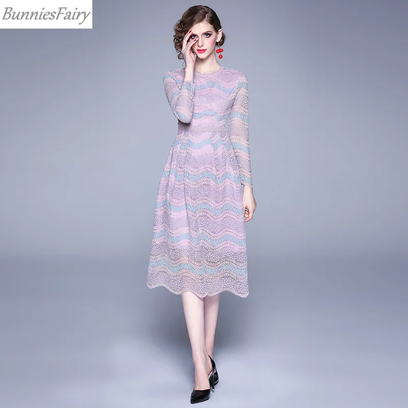 

BunniesFairy 2019 Autumn Winter Women Elegant Pink Purple Pastel Color Patchwork Long Sleeve Crochet Hollow-out Lace Midi Dress