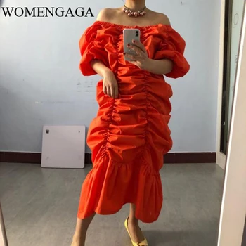 

loose Women Orange Pleated Split Joint Big Size Dress Slash Neck Half Sleeve Loose Fit Fashion Spring Summer 2020 SHO3