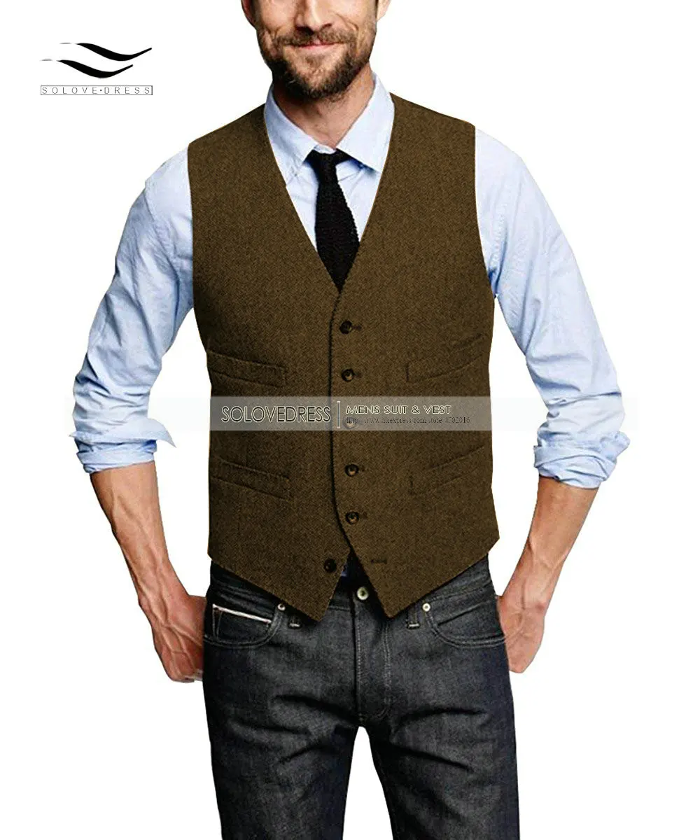 Black Tweed Waistcoat Mens Wool Vest Herringbone Slim Fit Collarless V- Neck Winter Gilet Chaleco Office Wear /Party