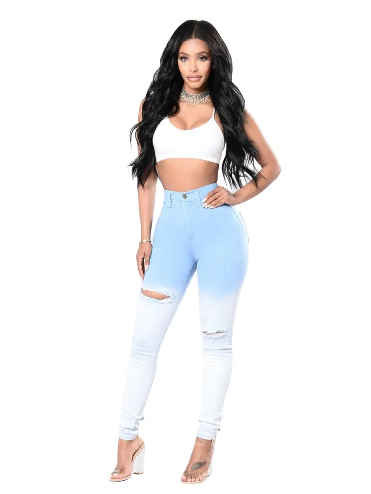 

Fashion Blue and white gradient Ripped Jeans Women Destroyed Cool Denim High waist Skinny Jeans Pants Summer Slim Pencil Jeans
