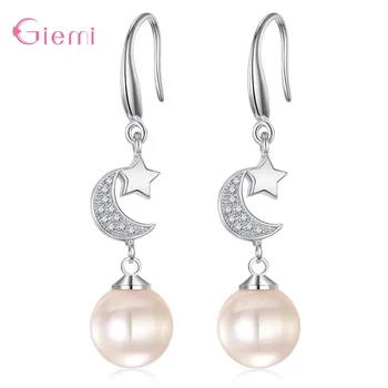 

Women New Trendy Round Pink Pearl Earrings For Sale 925 Sterling Silver Moon Star Cubic Zirconia Birthday Party Jewelry Gifts