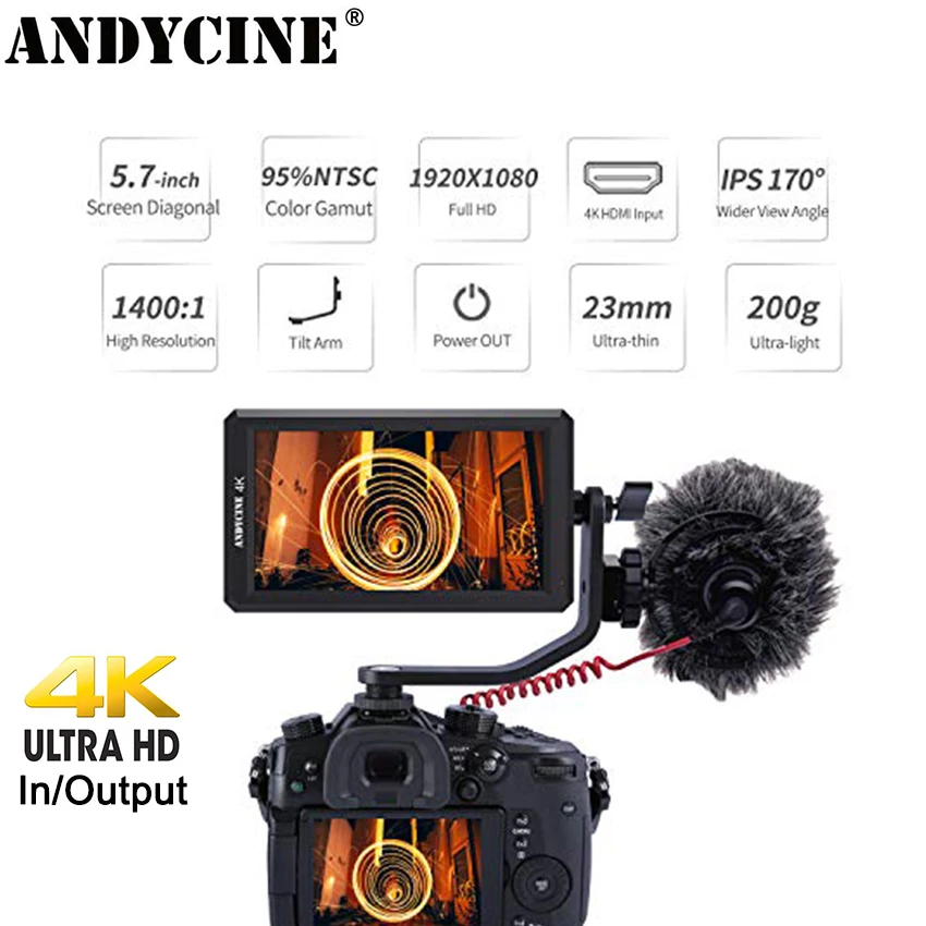 ANDYCINE A6 5.7 Inch HDMI Field Monitor 1920x1080 DC 8V Power Output Swivel Arm Monitoring for GH5 Sony Nikon Canon DSLR Gimbals