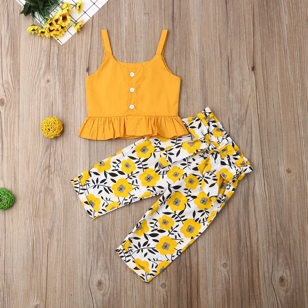 

Emmababy Summer Toddler Baby Girl Clothes Sleeveless Ruffle Sling Tops Sunflower Print Long Pants 2Pcs Outfits Clothes Summer