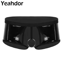 Мужское мокрое белье, женское белье из лакированной кожи, эластичная талия, открытая с отверстием для пениса, бикини, трусы с металлическим круглым вырезом, нижнее белье для геев, трусы с низкой посадкой