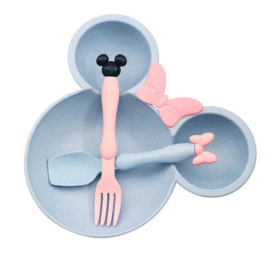 Натуральная пшеничная соломенная миска, набор детской посуды с рисунком из мультфильма, тарелка для кормления детей, детская тренировочная миска, ложка, вилка - Цвет: blue