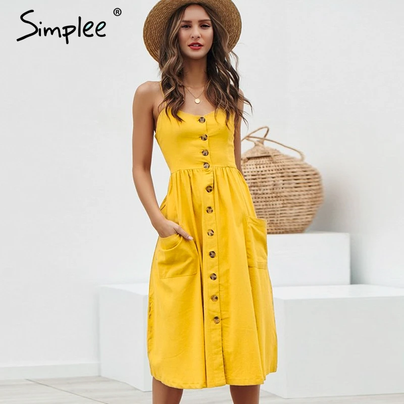 Simplee Elegant button women dress Pocket polka dots yellow cotton midi dress Summer casual female plus size lady beach vestidos Simplee Elegant button women dress Pocket polka dots yellow cotton midi dress Summer casual female plus size lady beach vestidos
