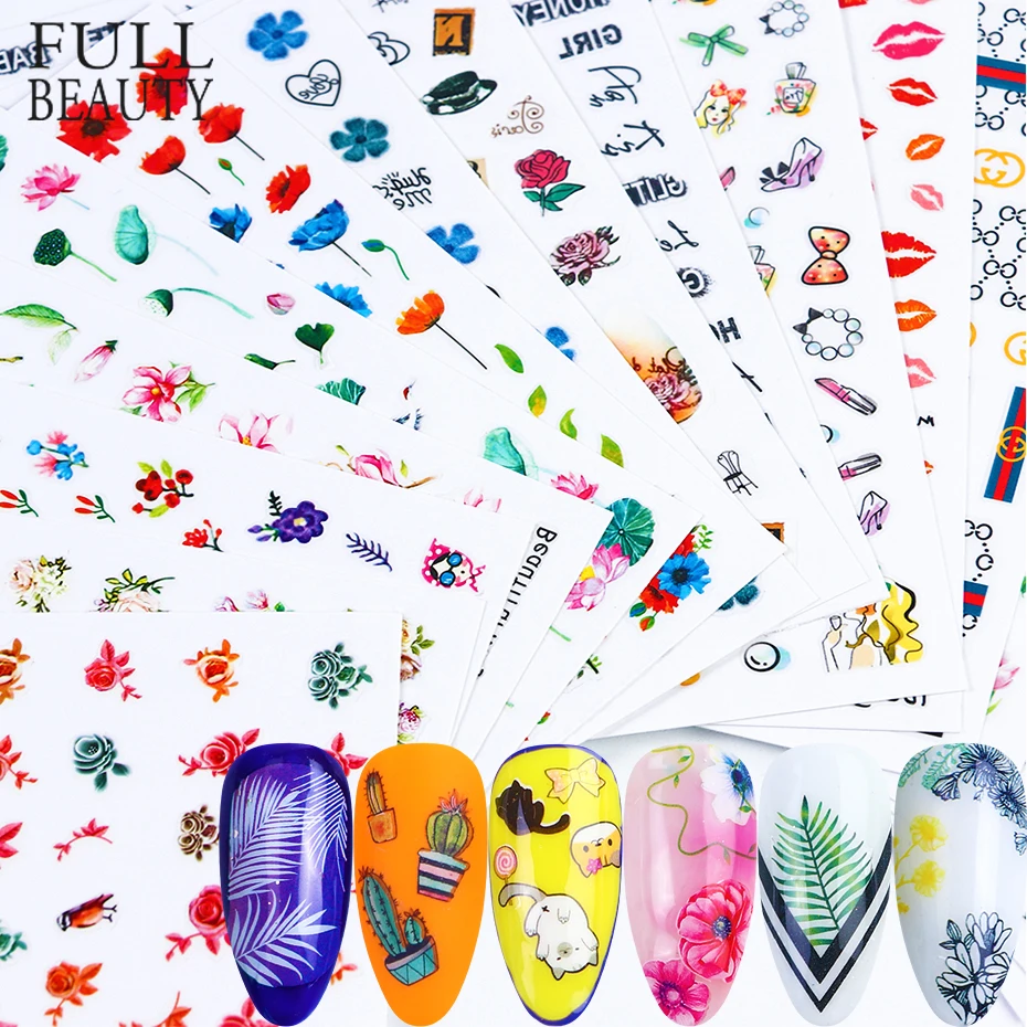 

10pcs Mix Leaf Rose Flower Sliders For Nails Lovely Cat Cactus Cartoon Adhesive Transfer Nail Sticker Manicure Decor CHCA534-584