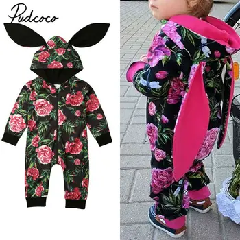

Warm 2019 winter baby rompers long sleeve Newborn Infant Baby Girl Flower + 3D Rabbit Hooded Romper Long Sleeve Toddler Jumpsuit
