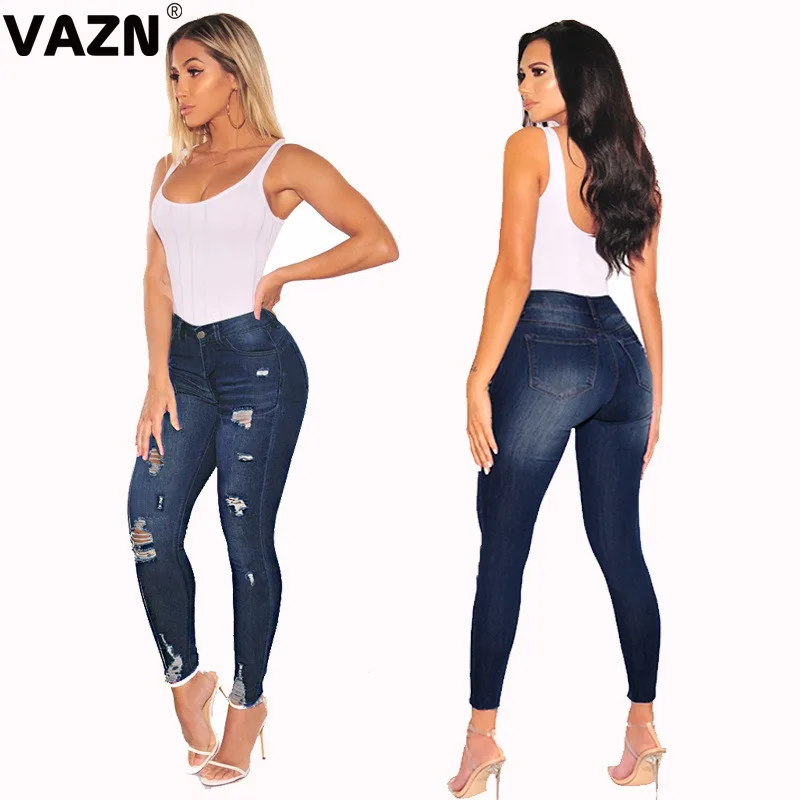 VAZN YP9021, новинка, 2 цвета, для снижения возраста, Неопрятные, популярные, с дырками, одноцветные комбинезоны, высокая талия, для женщин, длинные, джинсовые, тонкие, узкие джинсы, брюки - Цвет: deep blue