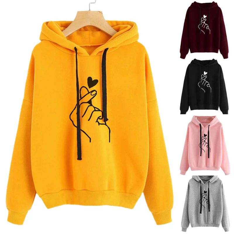 Women's Sweatshirt and Hoody Ladies Oversize K Pop Yellow Pink Love Heart Finger Hoody Casual Autumn Women Hoodies Harajuku