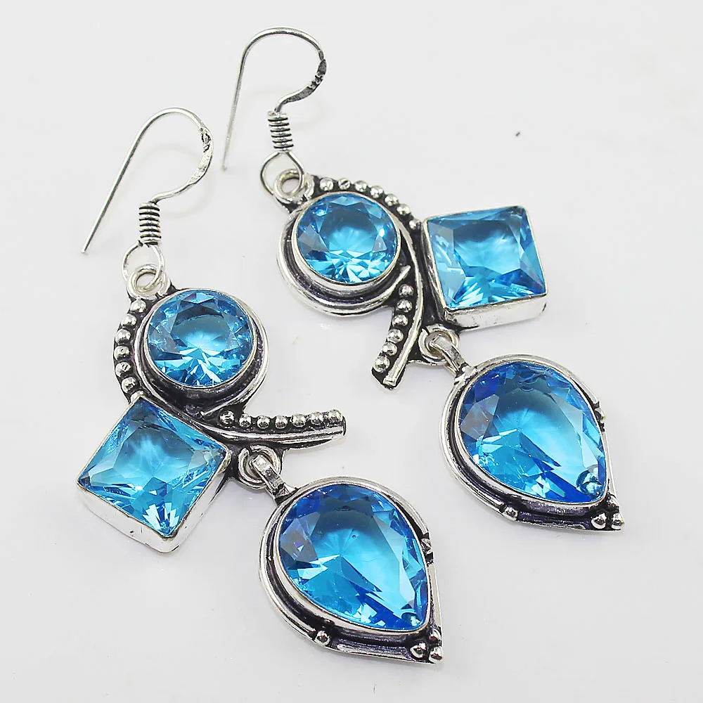 Blu Topas Orecchino D'Argento Overlay Su Rame, 63 Millimetri, E0940