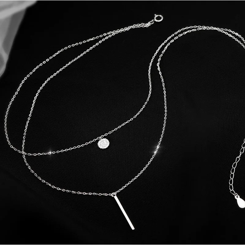 925 Sterling Silver Long Strip Flashing Diamond Round Double Necklace Ladies Clavicle Chain Exquisite Jewelry Party Wedding Acce - Image 3