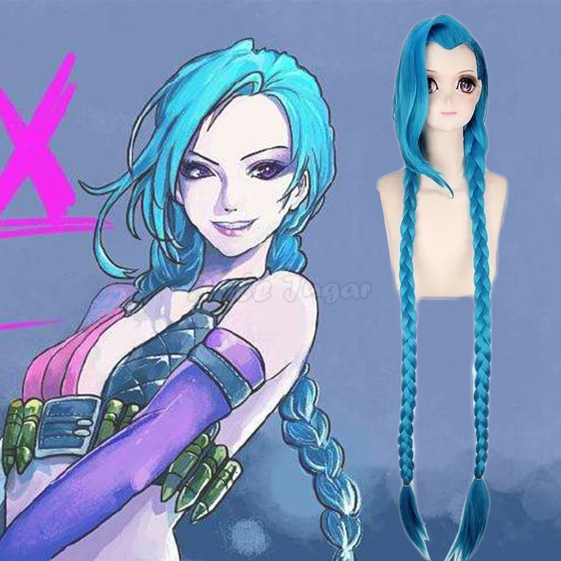 

120cm Game LOL Jinx Cosplay Wigs Women Blue Long Double Ponytail Braids Heat Resistant Synthetic Hair For Halloween Party C60X59
