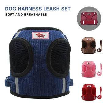 

Reflective Dog Harness Vest Leash Set Soft Breathable Durable Corduroy Adjustable Chest Strap For Small Medium Dogs Pet Products