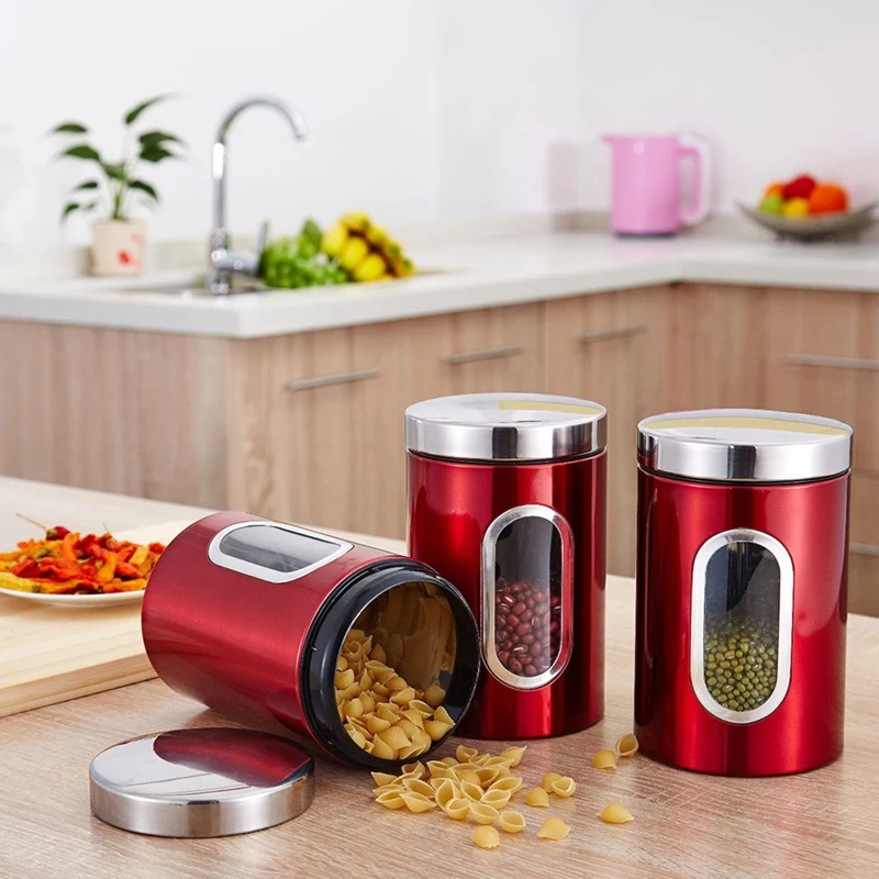 Stainless Steel Canisters Airtight Coffee Tea Sugar Beans Tin with Visible Window Kitchen Storage Containers Sealed Jar Bottle
