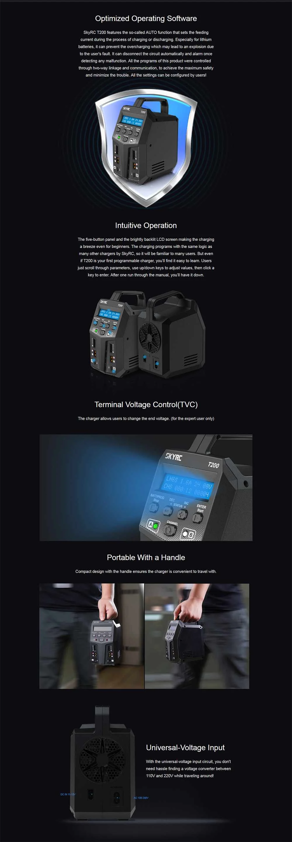 Зарядное устройство Skyrc T200 2X100W 12A AC/DC зарядное устройство с двойным аккумулятором для 1-6S Lipo/LiHV/LiFe/батарея li-ion DIY аксессуары