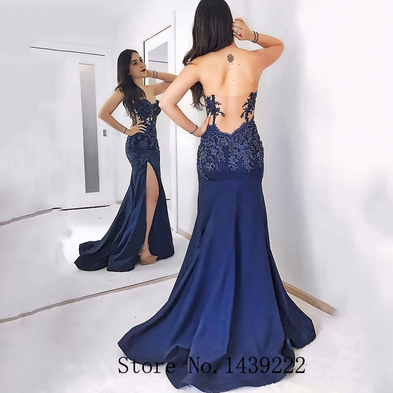 Sofuge Темно-Синие Вечерние платья Русалка Милая аппликация Формальные платья знаменитостей Robe De Soiree вечернее платье