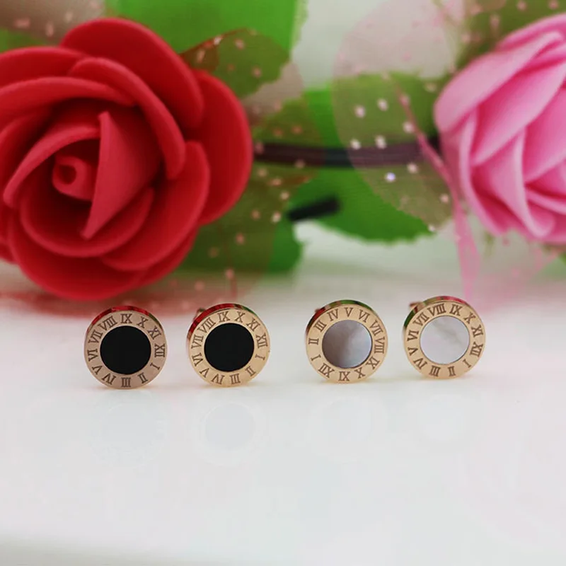 Fashion Roman numerals / BV stainless steel earrings for women 10mm diameter high quality shell brand fashion jewelry | Украшения и