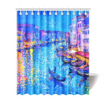 

City View Venice Italy Grand Canal Gondola Painting Waterproof Shower Curtain Decor Fabric Bathroom Set with Hooks, 72(Wide) x