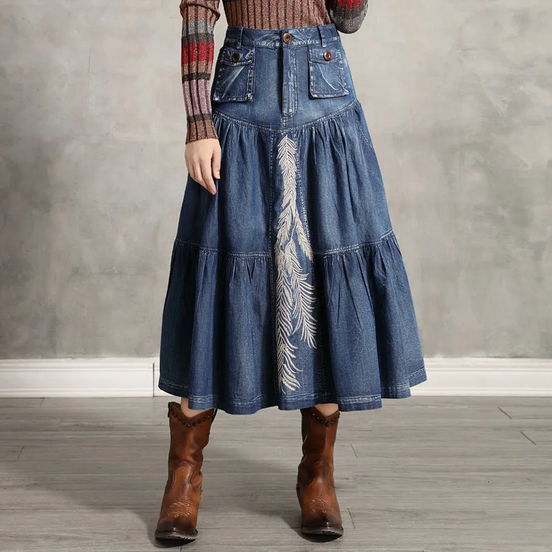 Джинсовые юбки с вышивкой и большим подолом, Женские винтажные ковбойские юбки трапециевидной формы размера плюс, джинсовые длинные юбки макси, Saia Feminina X2230