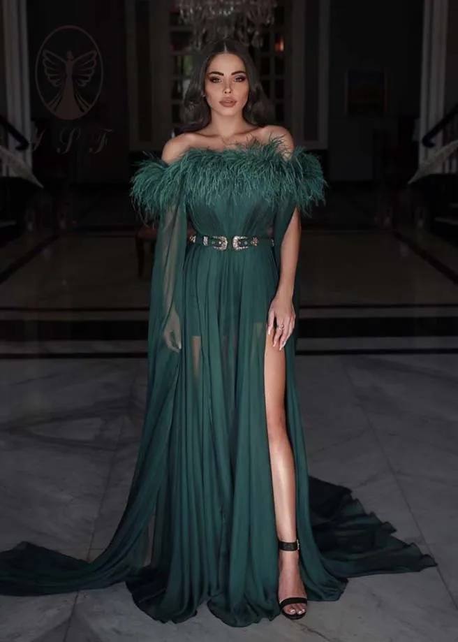 

Fashion Dark Green Off the Shoulder Feather Long Sleeve Thigh Slit Chiffon Prom Dresses 2020